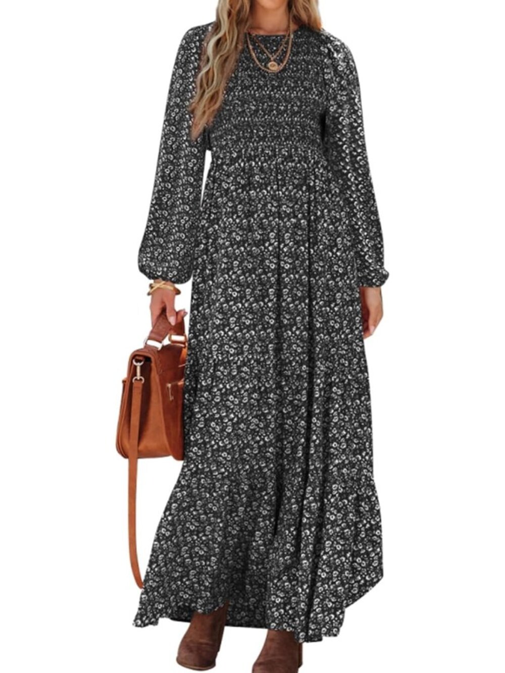 Women's Black Trendy Outfits Long Sleeve Floral Boho A Line Maxi Fall Dresses